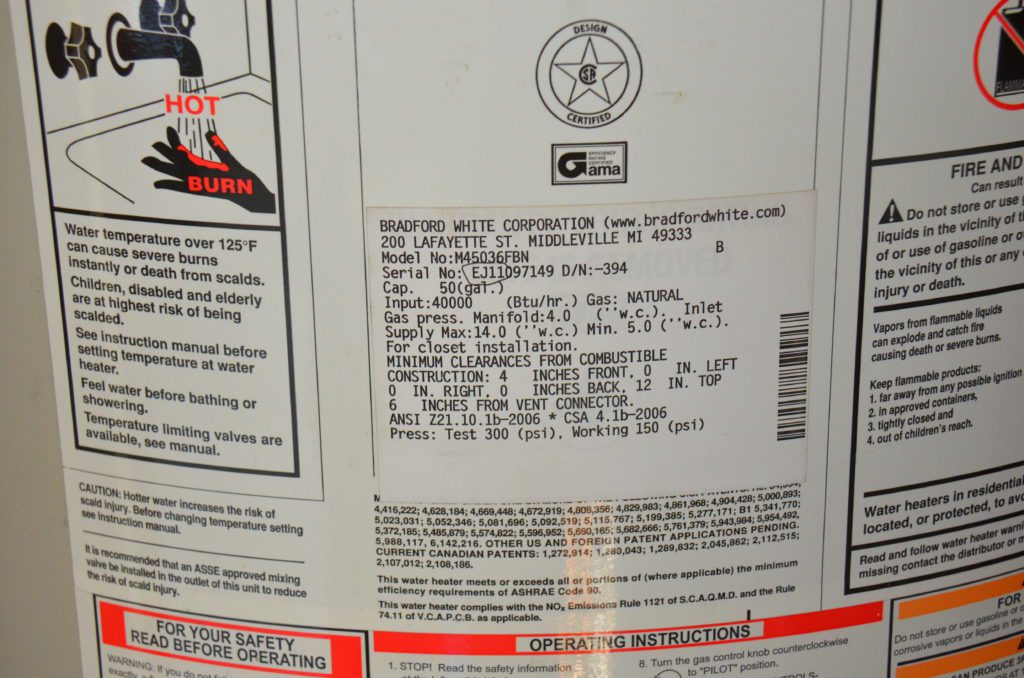 Image of tank water heaters manufacturer label